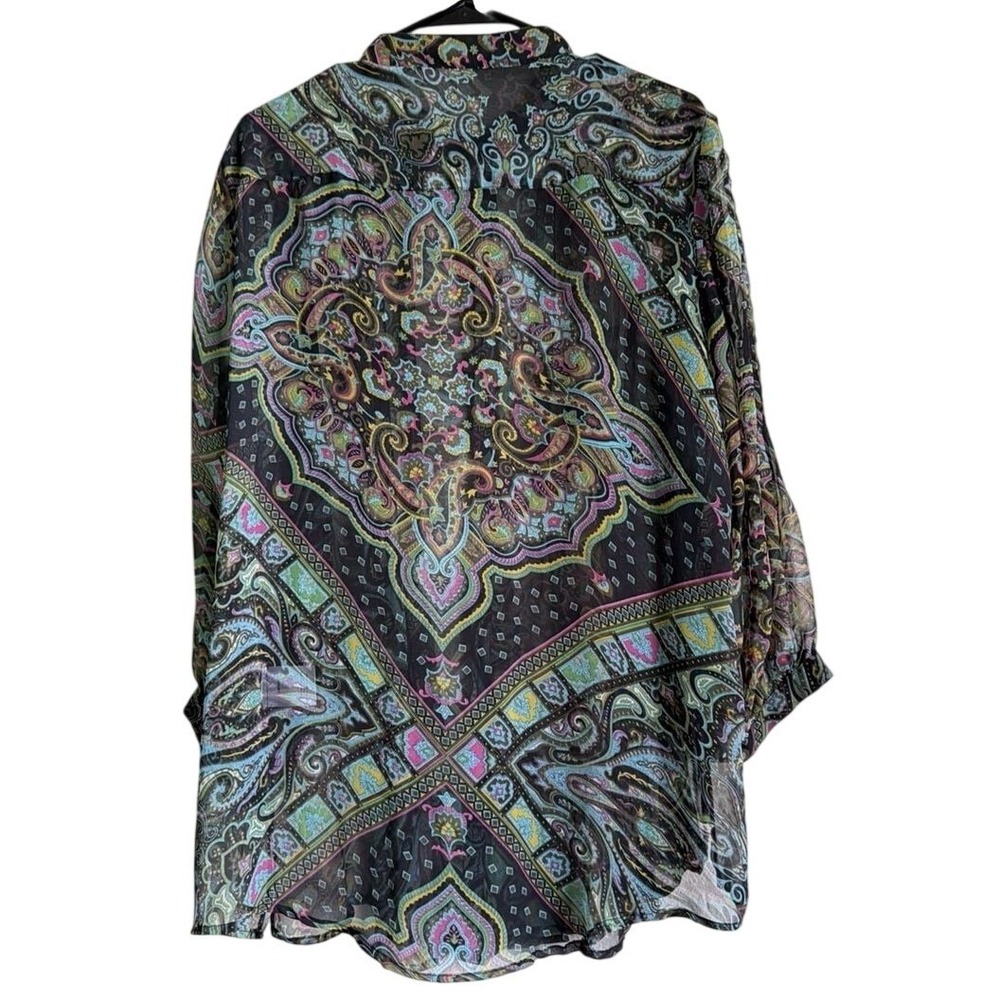 Andrea Black Multi Color Paisley Sheer Button Down Blouse Top Size 48 Floral - Picture 2 of 8